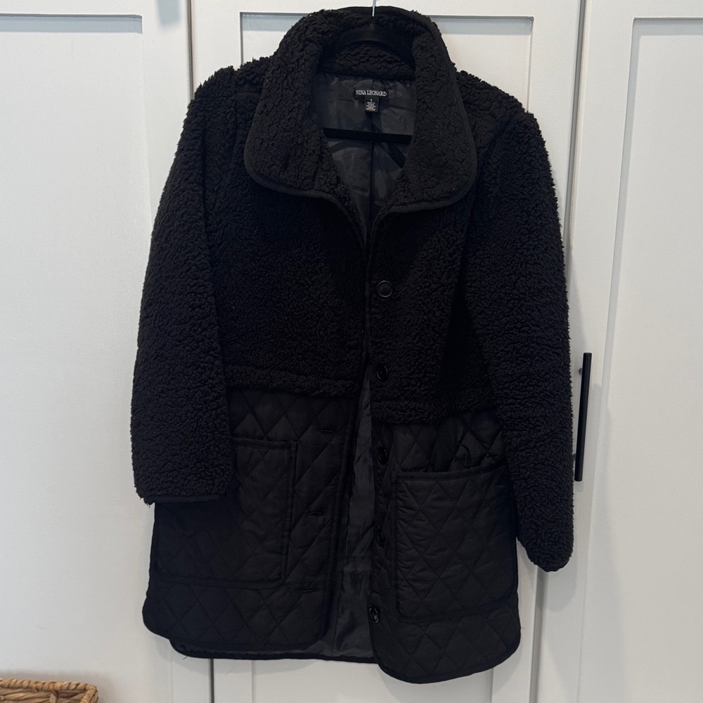 Nina Leonard Black Quilted Mixed Media Jacket